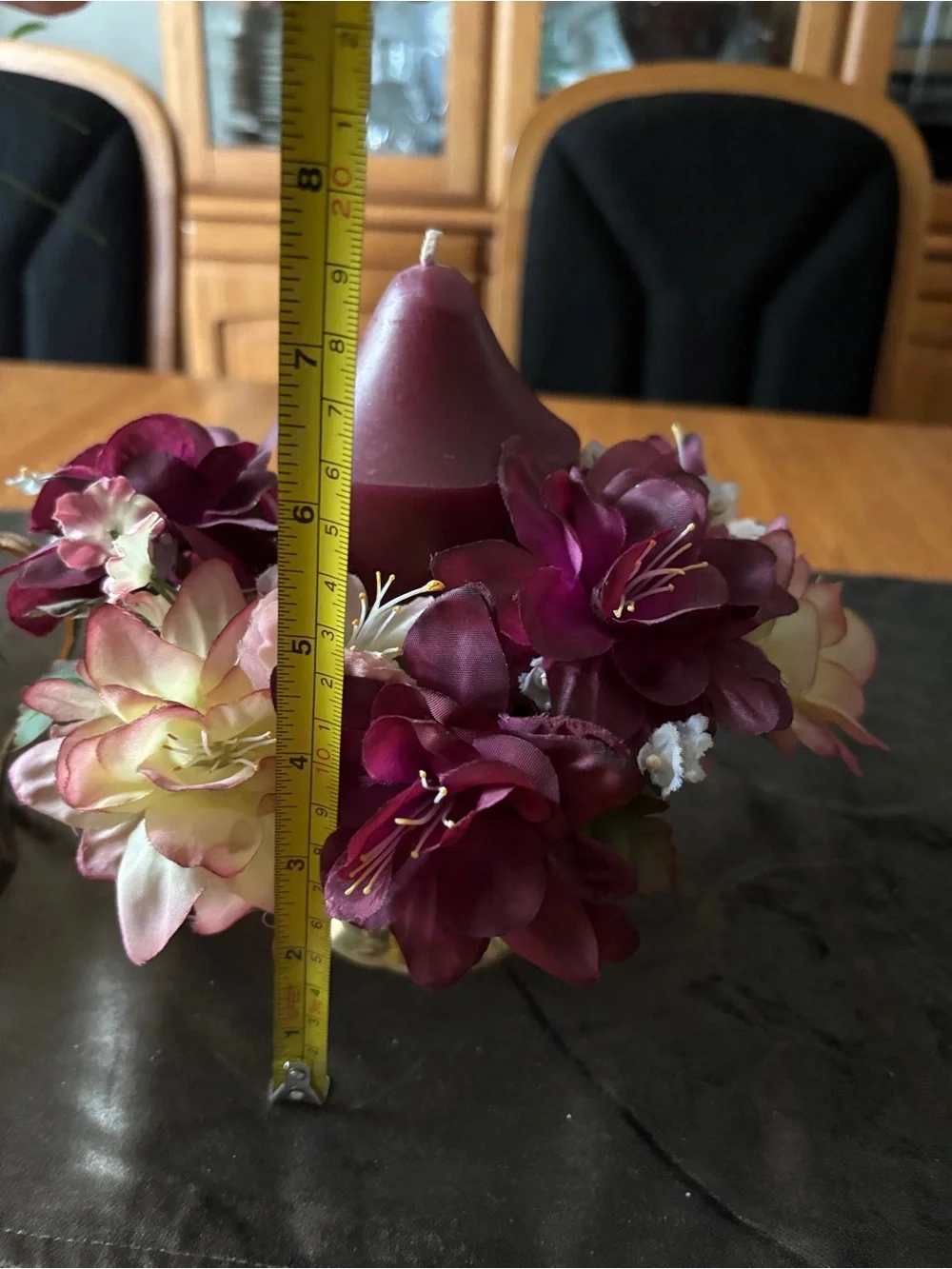 Brass Candle Holder with Floral Arrangement with Burgundy Candle - Brass Pithcer